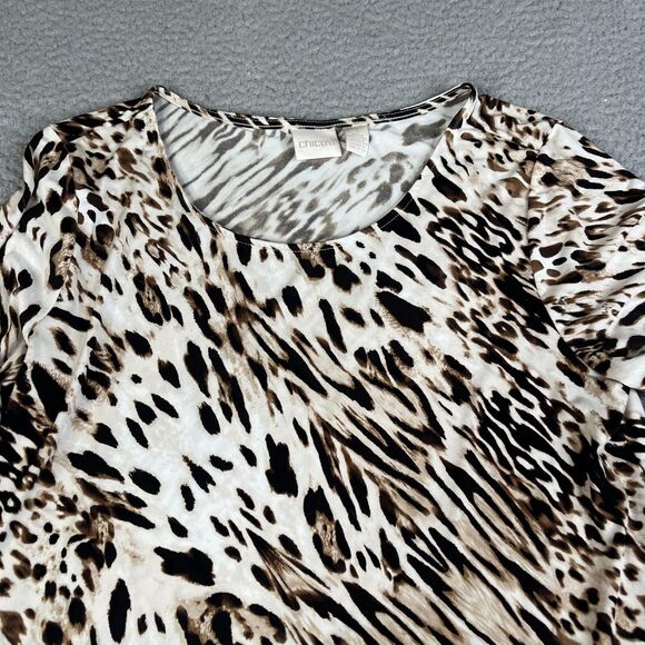 Chico's  Tunic Top Womens 1 Brown Leopard Print 3/4 sleeve Asymmetric Coastal - Picture 2 of 8